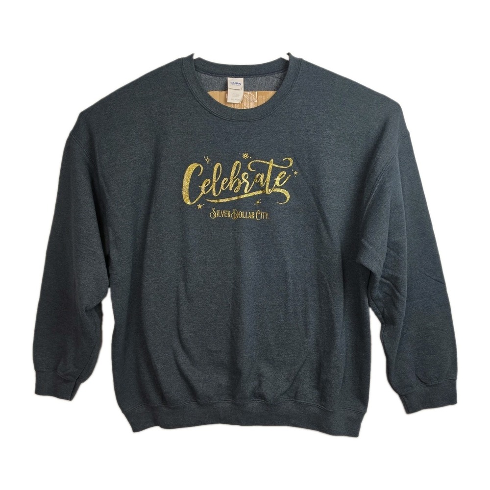VTG Gildan 'Celebrate' Sweatshirt Women's 2XL Gray Sparkly Silver Dollar City